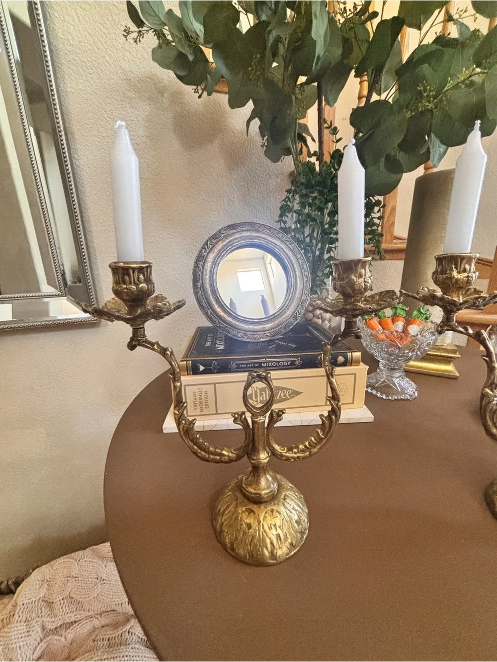 Ornate Gold Brass Double-Arm Candle Holders - Pair